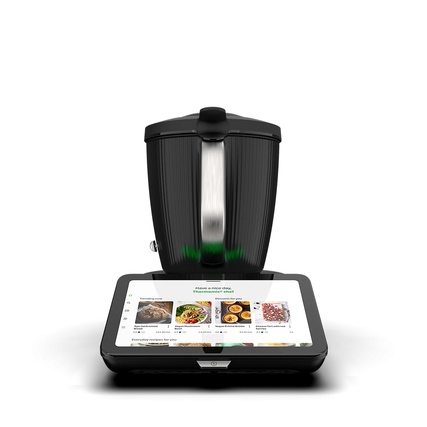 Robot cuiseur multifonction avec écran tactile et bol mélangeur, vue de face, écran affiche des recettes.