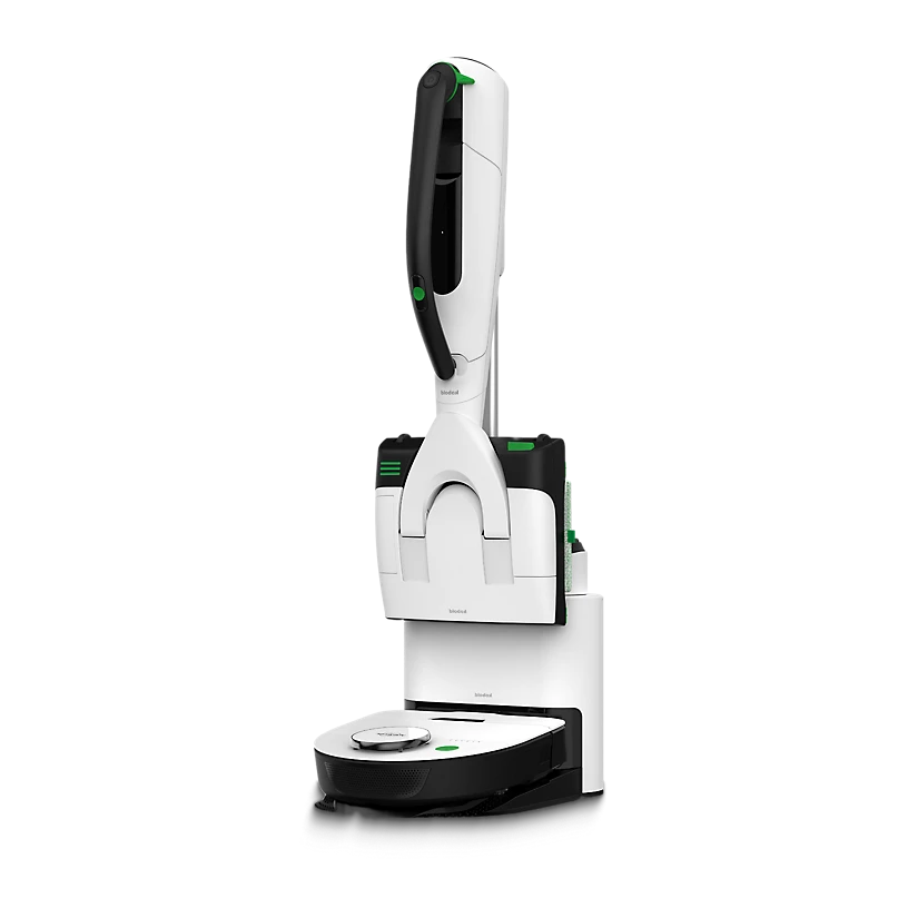 Aspirateur sans fil AspirateurVK7 et robot aspirateur VR7 sur une station de charge.