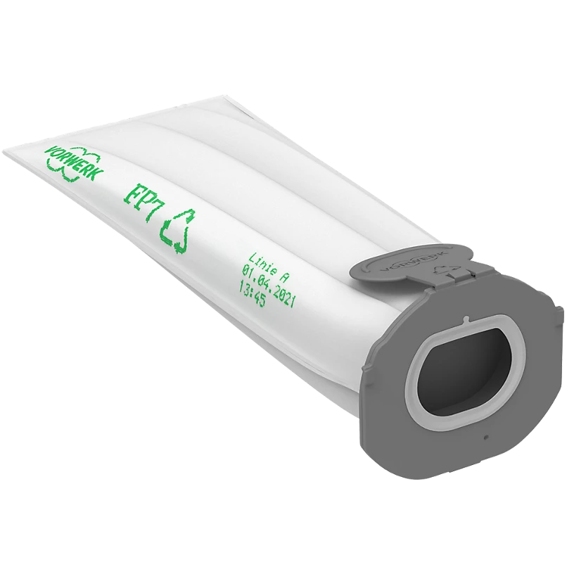 Sac de filtre pour aspirateur AspirateurEP7 avec logo Cuisi Proet symbole de recyclage, blanc avec raccord gris.