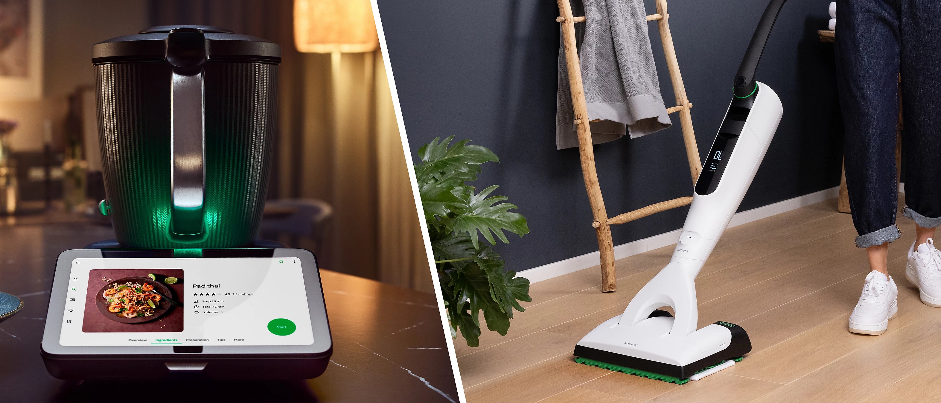 Header HP TM et KS XL Robot cuiseur multifonction sur une table avec une recette affichée et aspirateur AspirateurVK7 nettoyant un sol en bois.